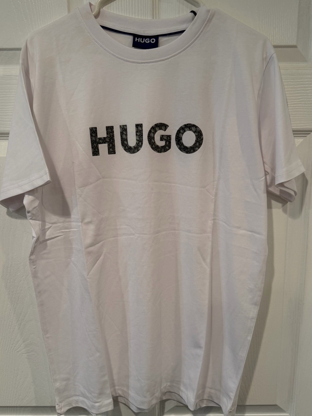 HUGO White Short-Sleeve Tee with Black Patterned Logo